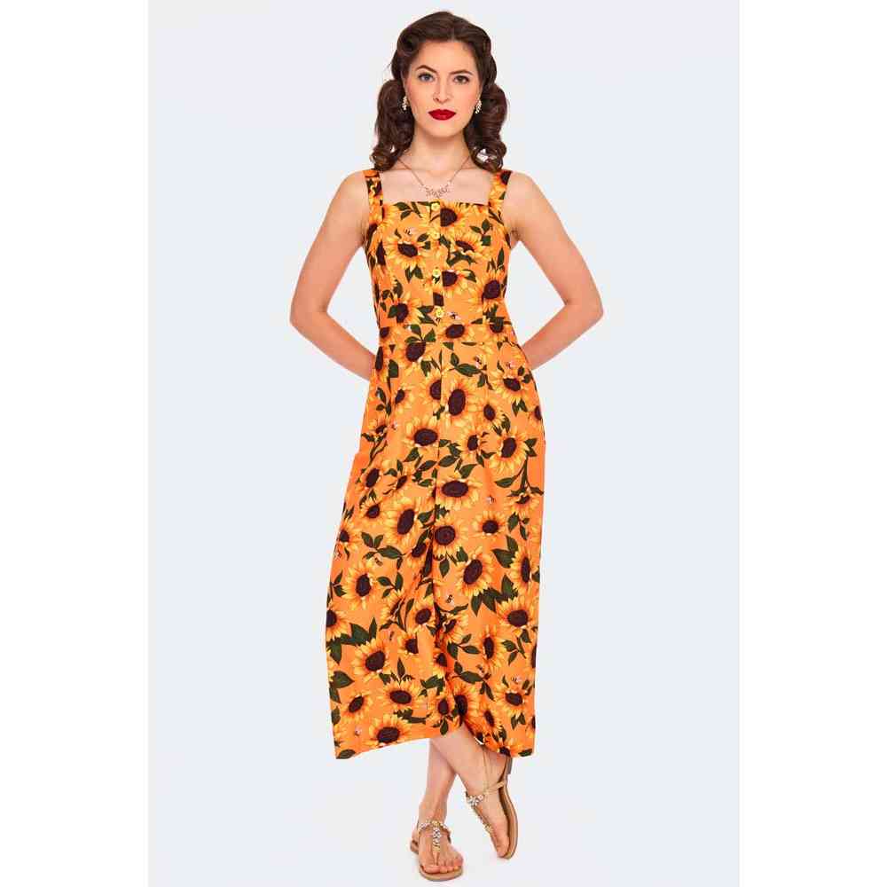 Voodoo Vixen - Printed Sunflower Jumpsuit - Orange